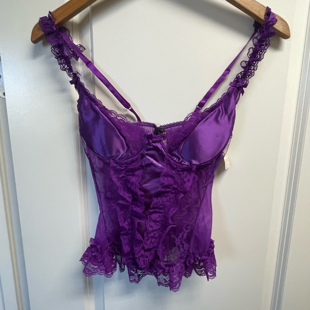 NWT Vintage 1980s Frederick’s of Hollywood Purple Lace Bustier Lingerie Size XS